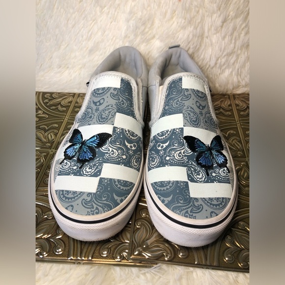 Vans Slip-On Patchwork Sneakers - White and Blue with Butterfly Missy 5 - Picture 4 of 16